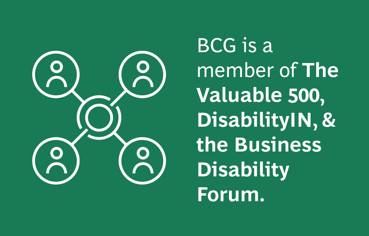 The image contains the text:  "BCG is a member of The Valuable 500, DisabilityIN, & the Business Disability Forum."  The background is green, and the text is in white. To the left of the text, there is a white line drawing of interconnected circles, each containing a simplified human figure, representing a network of people.