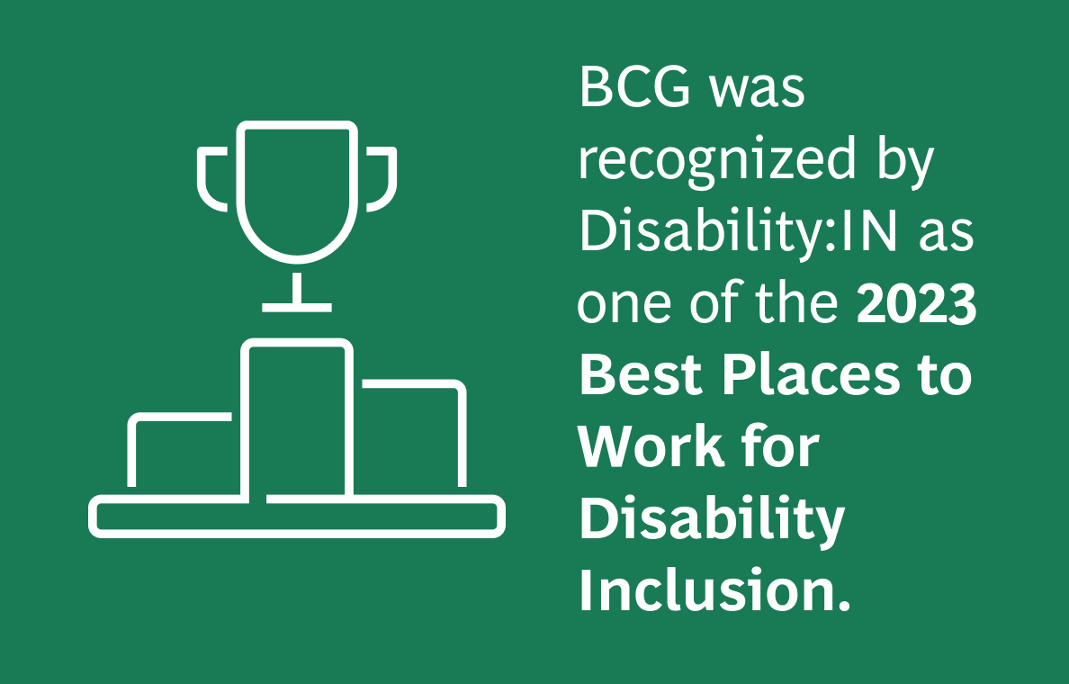 The image contains the text:  "BCG was recognized by Disability:IN as one of the 2023 Best Places to Work for Disability Inclusion."  The background is green, and the text is in white. To the left of the text, there is a white line drawing of a trophy on a pedestal, symbolizing recognition or an award.