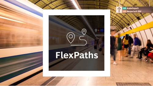 Graphic with 'FlexPaths' text and route icon, in front of a blurred subway station with people and a moving train.