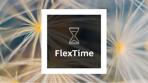 Graphic of an hourglass with the text 'FlexTime' overlaid on a blurred background of dandelion seeds.