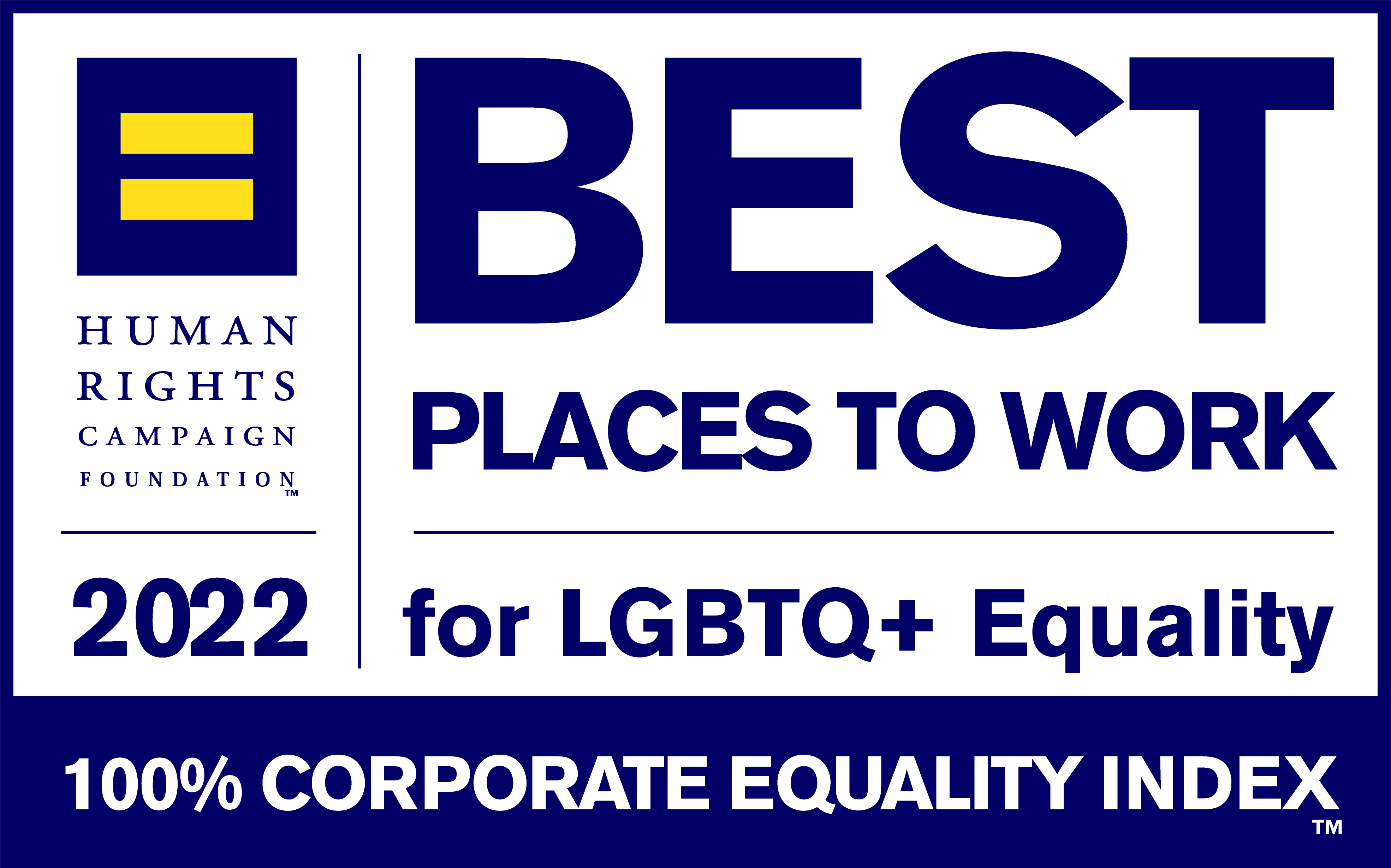 A white rectangle with a navy blue border. In the top left corner, a navy blue square with a yellow equals sign in the middle. Under the square, human rights campaign foundation is writtten in thin, navy blue, and under that, 2022 is written in bold, navy blue. Stretching across three quarters of the rectangle best places to work for LGBTQ+ equality is written in bold, navy blue. At the bottom, 100% Corporate Equality Index is written in bold white in a thick navy blue rectangle.